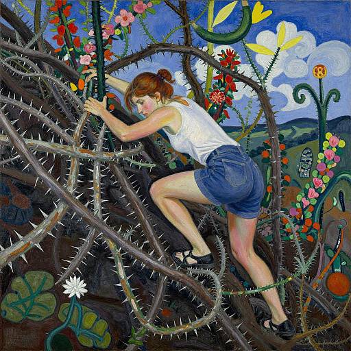 Vibrant painting of a red-haired woman in white tank top and blue shorts, climbing thorny vines amidst colorful flowers and lilies.