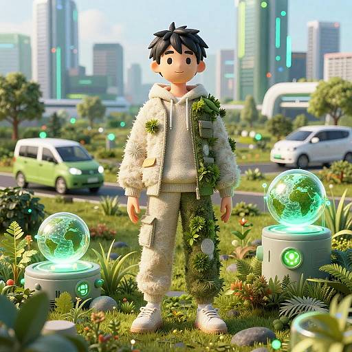 CGI image of a cute, black-haired boy in a white, fuzzy hoodie and pants, standing in a futuristic city park with glowing green orbs and