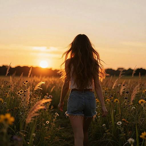 Photograph of a woman with long, wavy brown hair in a white tank top and frayed denim skirt, walking away in a sunlit field
