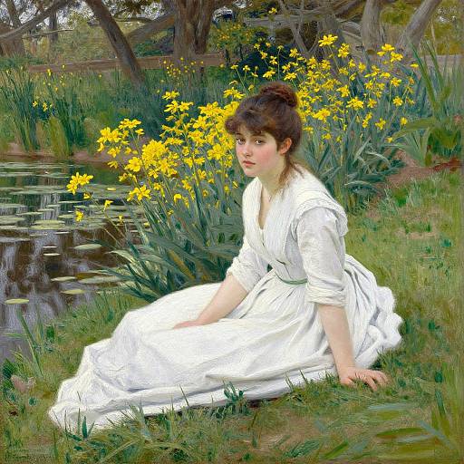 Digital painting of a young woman in a white dress, sitting by a pond with yellow daffodils, surrounded by trees. She gazes pens