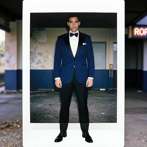 Photograph of a young man in a dark navy tuxedo with black bow tie, white shirt, and black pants, standing in an old,