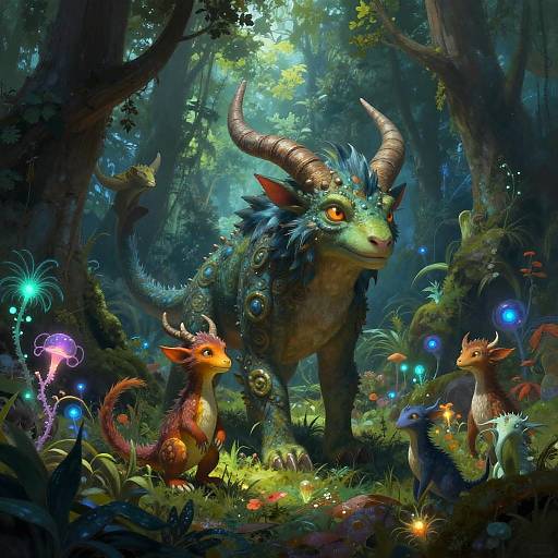 Digital fantasy artwork: A vibrant, enchanted forest with a large, horned, dragon-like creature and three smaller, colorful dragonlings surrounded by glowing mushrooms