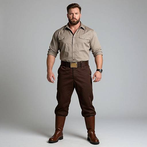 Photograph of a muscular, bearded man with short brown hair, wearing a beige button-up shirt, dark brown pants, brown boots, and a