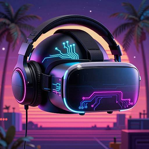 Neon-lit VR headset with glowing circuit patterns, floating against a vibrant sunset sky with palm trees, in a futuristic, digital art style.