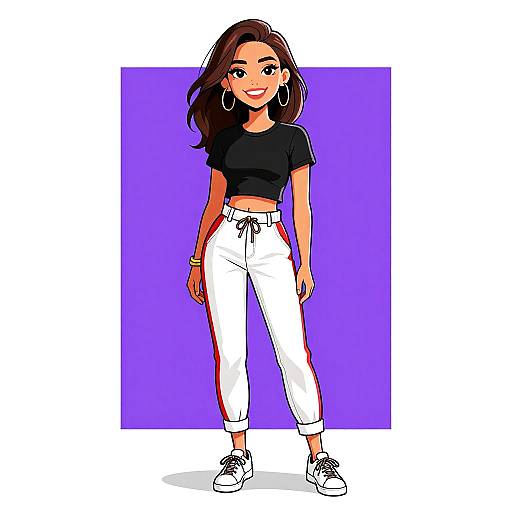 Digital illustration of a smiling young woman with long brown hair, wearing a black crop top, white cuffed pants, and white sneakers, standing against a
