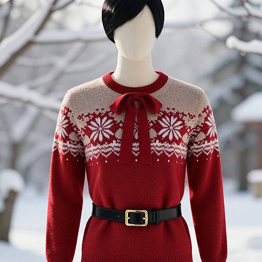 Photograph of a faceless mannequin wearing a red knit sweater with white snowflake patterns, black belt, and bow, against a snowy,