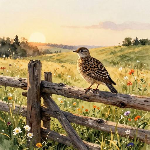 Photograph-style digital art of a brown and black spotted sparrow perched on a rustic wooden fence in a sunlit, colorful meadow with wild