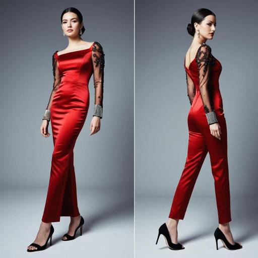Woman in Red Satin Evening Gown with Sheer Sleeves