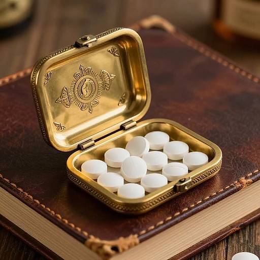 Photograph of an open, gold-embossed pill box with white pills on a dark brown, leather-bound book with visible stitching.