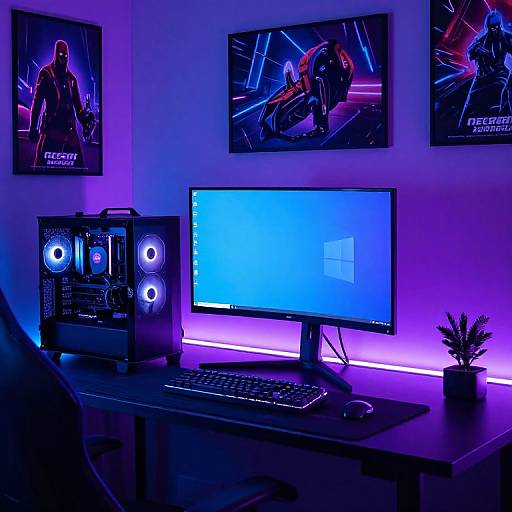Neon-lit gaming setup with blue and purple lights, featuring a computer monitor, speakers, keyboard, mouse, and three sci-fi posters on a