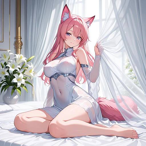 Anime Girl with Pink Hair and Fox Ears on Bed