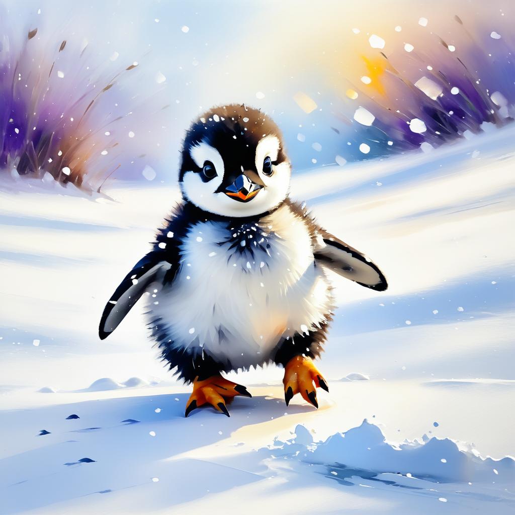 Impressionist Penguin Chick in Snow