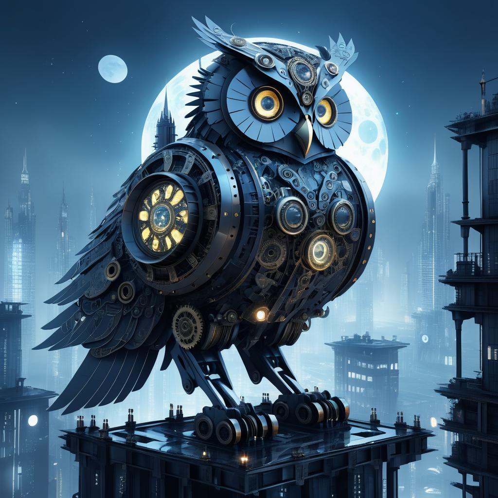 Mechanical Owl Overlooking Urban Nightscape