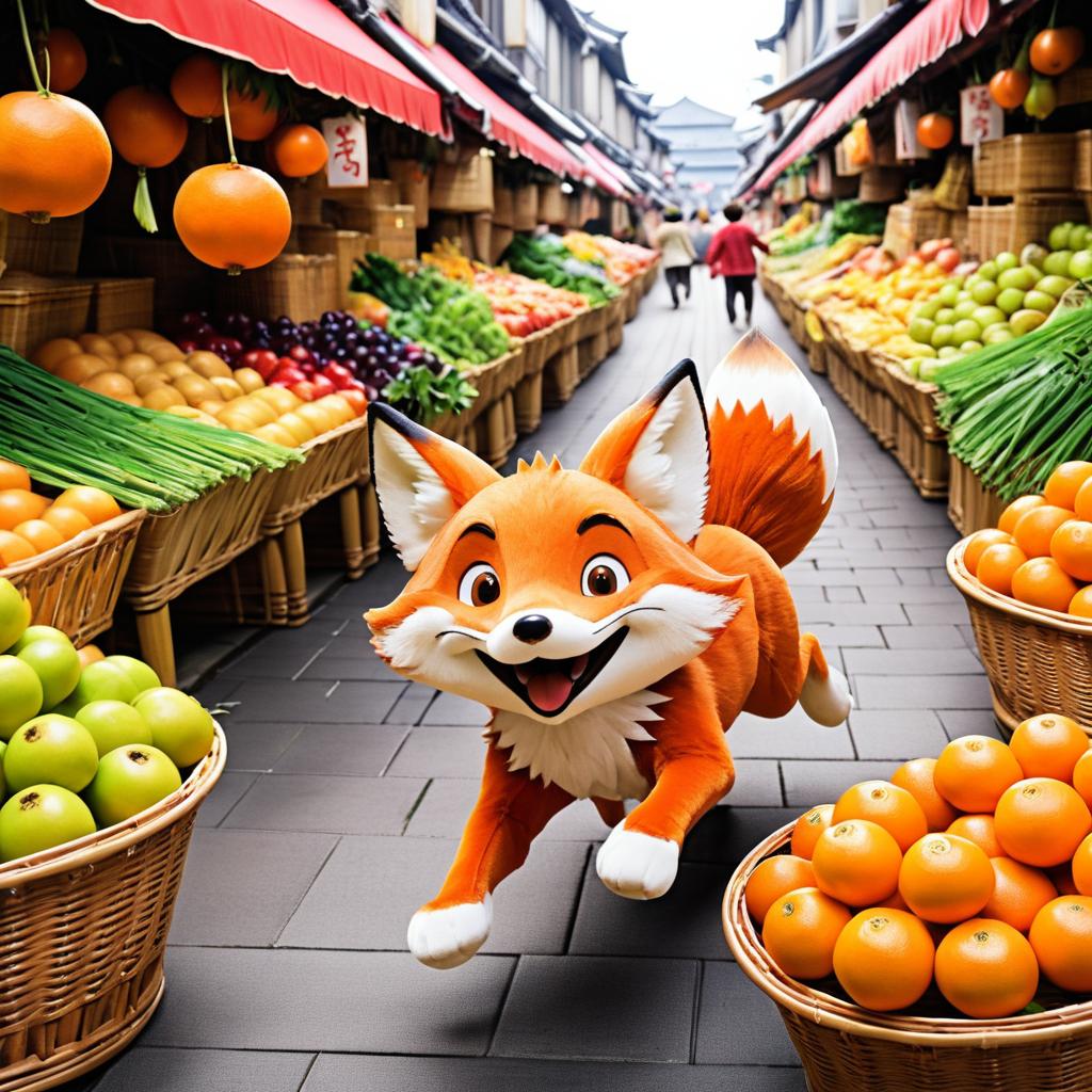 Mischievous Fox Chasing in Bustling Market