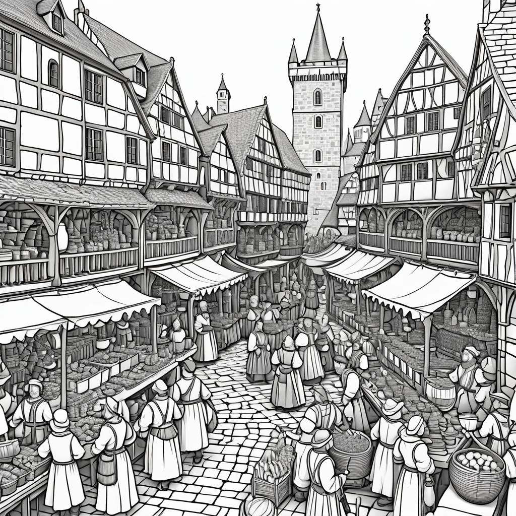 Vibrant Medieval Marketplace Coloring Page