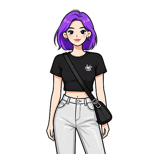 Digital anime-style drawing of a purple-haired woman in a black crop top, white high-waisted pants, black shoulder bag, white background.