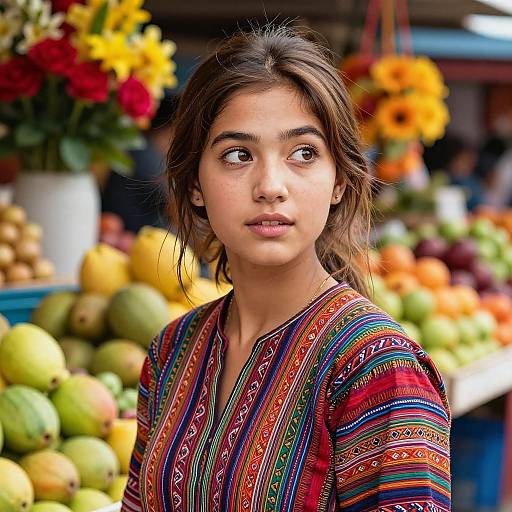 Photograph of young woman with light brown skin, brown eyes, and dark hair in colorful, patterned traditional blouse, standing in vibrant fruit market with