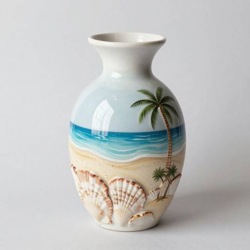 Photograph of a white ceramic vase with a beach scene, featuring palm trees, blue waves, sand, and seashells.