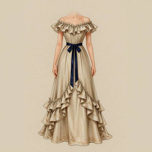 Digital illustration of an off-shoulder, cream-colored, ruffled gown with a navy blue ribbon belt, featuring layered frills at the hem,