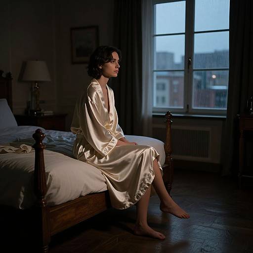 Photograph of a young woman with dark hair, wearing a silky, cream-colored robe, sitting on a wooden bed in a dimly lit room,