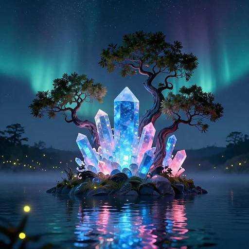 Digital art of glowing blue and pink crystal formations emerging from a rocky island, surrounded by a serene lake under a vibrant aurora borealis.