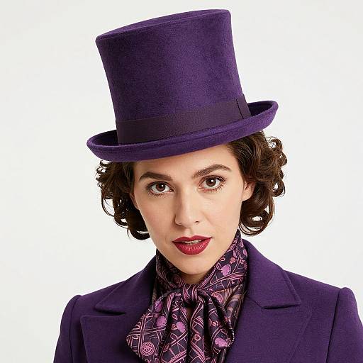Photograph of a fair-skinned woman with short curly brown hair, wearing a purple top hat, dark purple coat, and patterned scarf, against