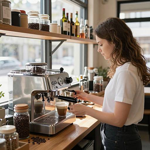 Cozy Café Scene with Woman Brewing Coffee