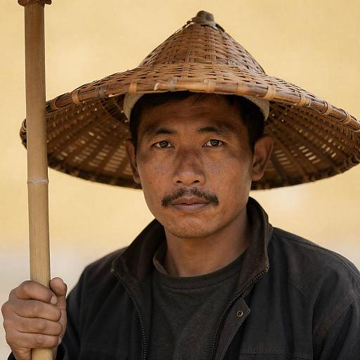 Intense Gaze of an Asian Man in Hat
