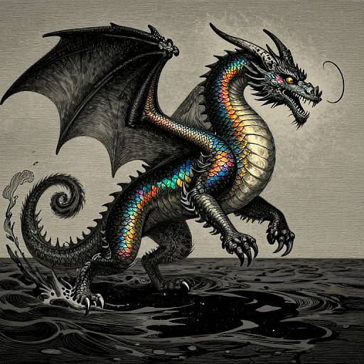 Intricate digital drawing of a black dragon with rainbow-scaled belly, sharp claws, and wings, roaring on dark, rippling water.