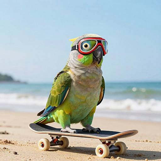 Clothed Parrot on Skateboard at Beach