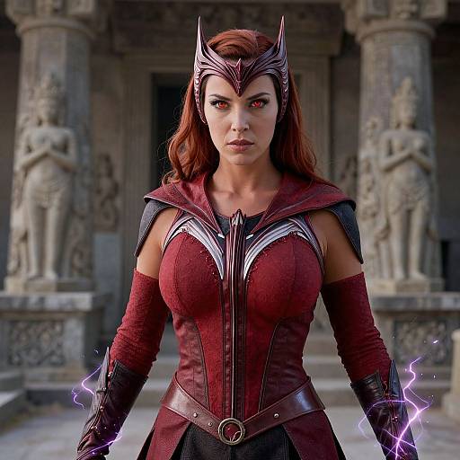 Photorealistic CGI of a red-haired woman in medieval armor, with glowing red eyes, holding purple lightning, standing in a stone-columned ancient temple