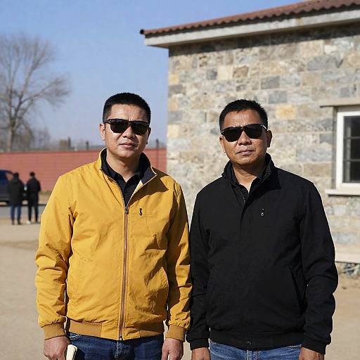 Stylish Duo in Front of Stone Building