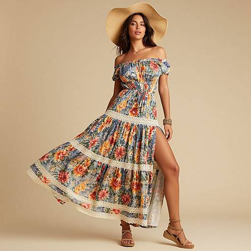 Photograph of a woman with tan skin, dark wavy hair, wearing a straw hat, off-shoulder floral dress with lace, and sandals