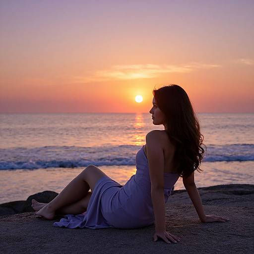 Photograph of a woman in a flowing, strapless, white dress, sitting on a beach at sunset, with the sun reflecting on the calm ocean