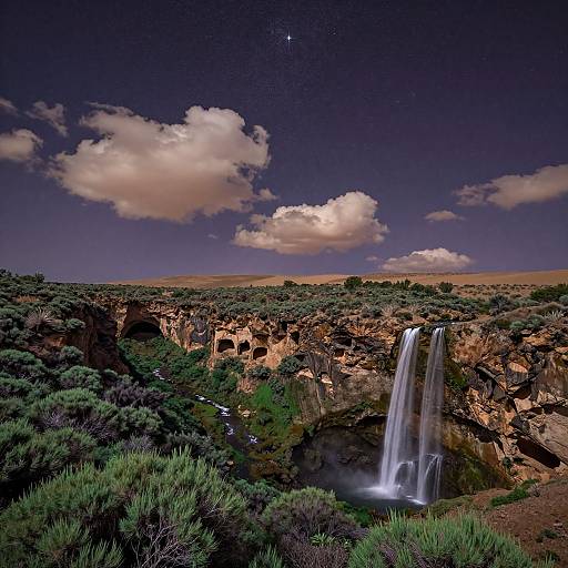 Photograph of a desert canyon with a tall waterfall, lush green shrubs, rocky cliffs, and a dark, starry sky with fluffy clouds.