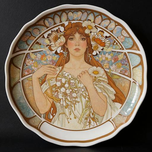 Art Nouveau-style ceramic plate featuring a fair-skinned, brown-haired woman with flower crown, white dress, and flower bouquet, surrounded by intricate floral