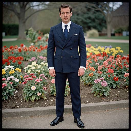 Photograph of a serious-looking man in a dark navy double-breasted suit, white shirt, and black tie, standing in front of a colorful garden