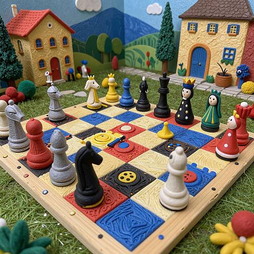 Photograph of a colorful outdoor chess set on grass with toy houses, trees, and characters in the background. Bright, playful scene.