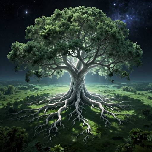 Digital art of a glowing, ancient tree with intricate roots in a starry night sky over a green, misty forest.