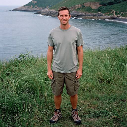 Photograph of a smiling, short-haired man in a light gray t-shirt, khaki shorts, and brown hiking boots standing on grassy cliff overlooking