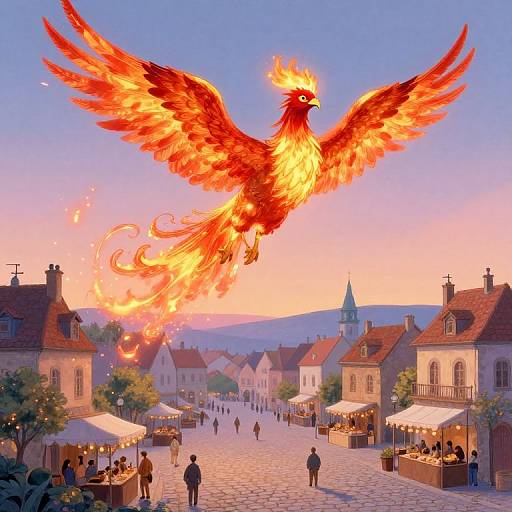 Digital painting of a vibrant, fiery phoenix soaring over a bustling, evening European village market with people, street stalls, and colorful buildings.