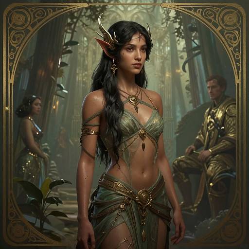 Digital fantasy artwork of a dark-haired elf woman with pointed ears, wearing a green, gold-accented, revealing outfit, standing in an ornate