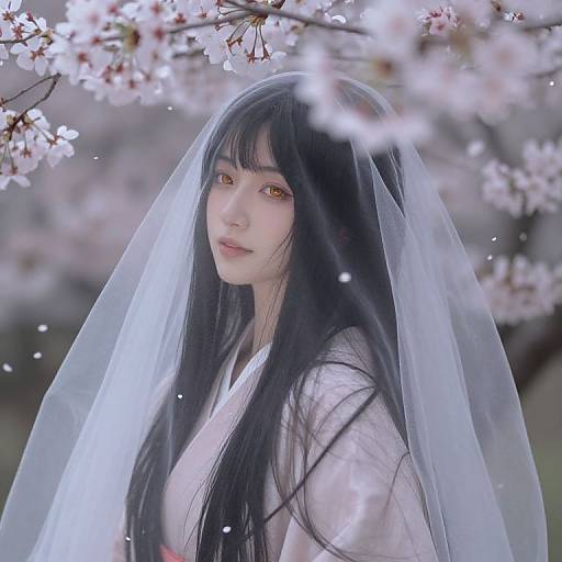 Digital art of an East Asian woman with long black hair, golden eyes, and white veil, surrounded by pink cherry blossoms. She wears a white