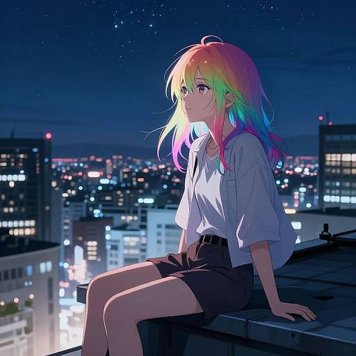 Anime-style digital artwork of a rainbow-haired girl in a white shirt and black shorts, sitting on a rooftop at night, gazing at a cityscape