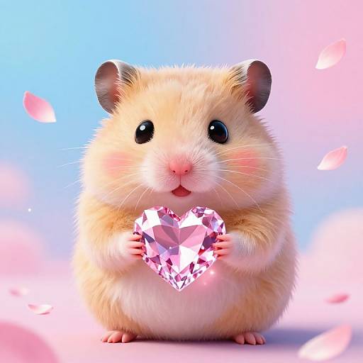 Cute CGI hamster with fluffy beige fur, holding a sparkling pink heart-shaped gem, against a blue and pink petals background.
