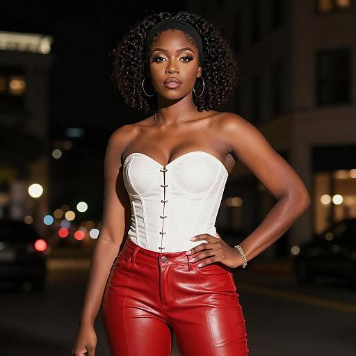 Photograph of a confident Black woman with dark skin and curly hair, wearing a white strapless corset and red leather pants, standing at night with