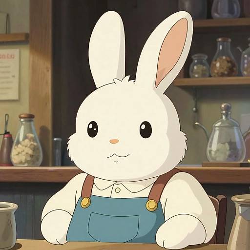 Cartoon white rabbit in blue overalls sitting at a rustic wooden kitchen counter with jars and spices in the background.