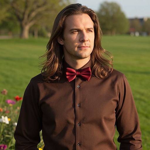 Photograph of a man with long brown hair wearing a brown shirt and red bow tie, standing in a grassy park.