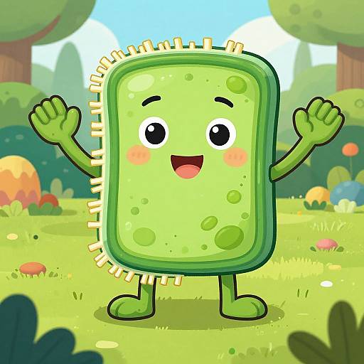 Cartoon green, round, spiky virus character with arms raised, smiling with blushing cheeks, in a vibrant, sunny, colorful forest background.