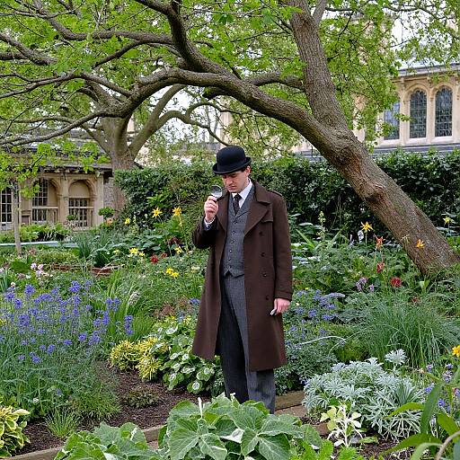 Photograph of a Victorian-era man in a brown coat, gray suit, and black hat, smoking a pipe in a lush, colorful garden with blo
